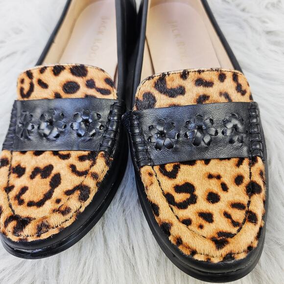 Jack Rogers Remy Calf Hair Leopard Print Loafers Black Leather SlipOn Flats 5.5B - Picture 4 of 13